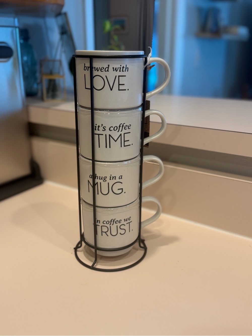 Stacked White Coffee Mug Set with Black Script - 4pc